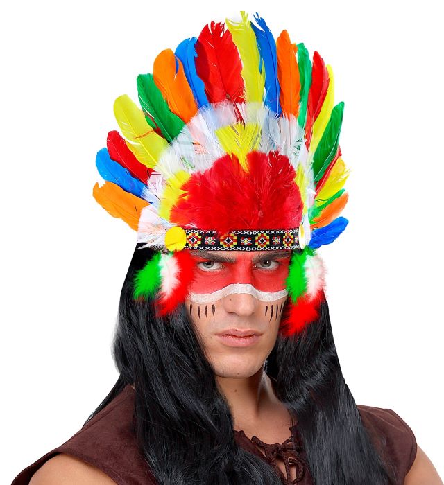 Se Multifarvet indianer høvding fjerpragt hat hos PartyVikings.dk