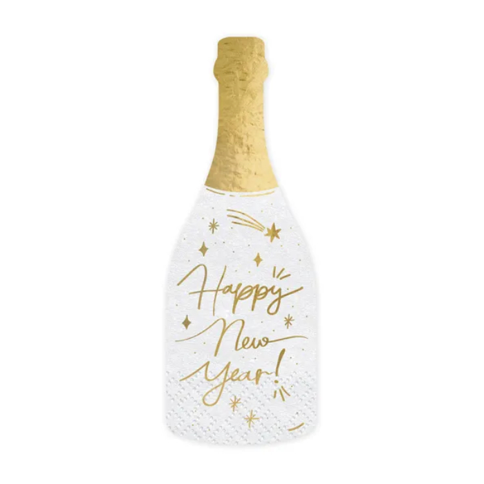 Champagneflaske servietter hvid med gulddetaljer nytår 20x - 7x19 cm