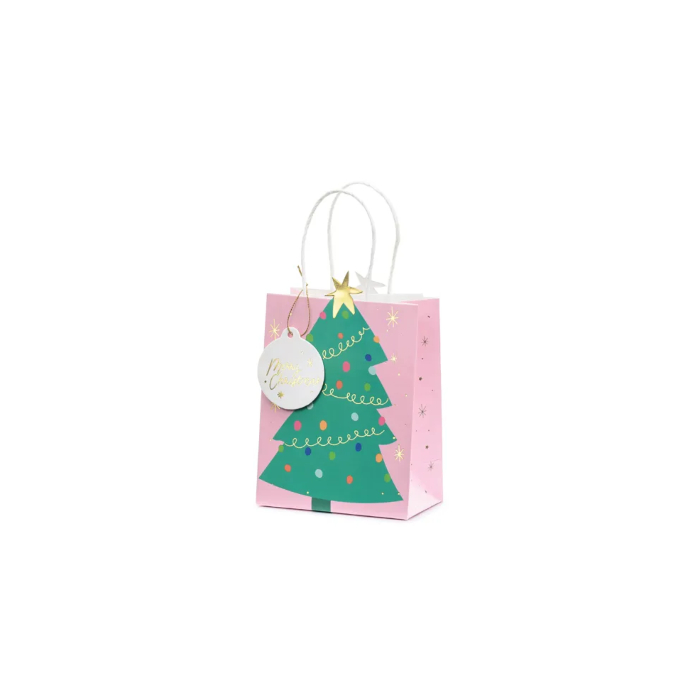 Julegavepose med juletræ lyserød 14x20,5x8 cm