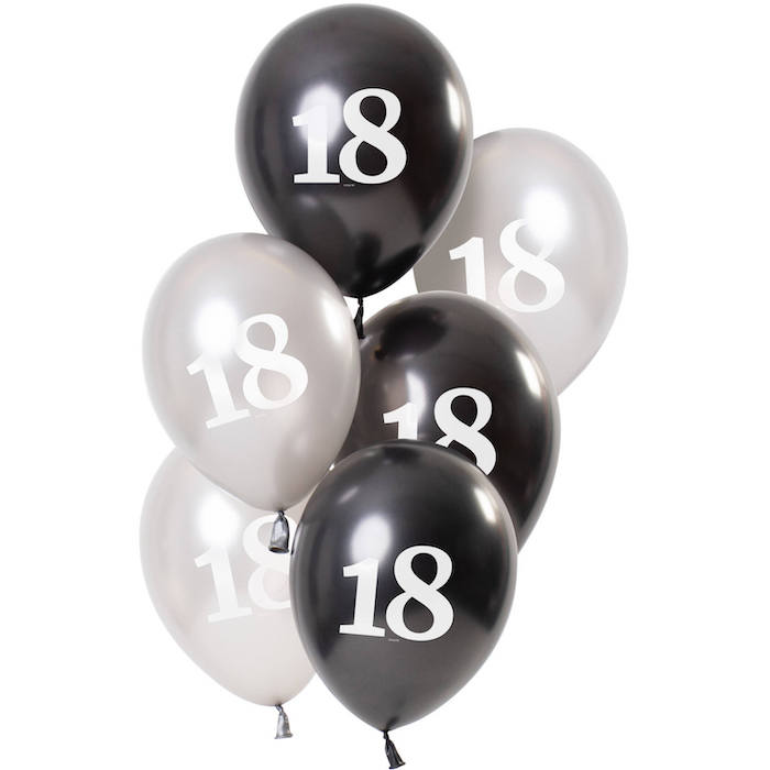 18 Års Balloner Metallic Sort Og Sølv 6x - 23 cm