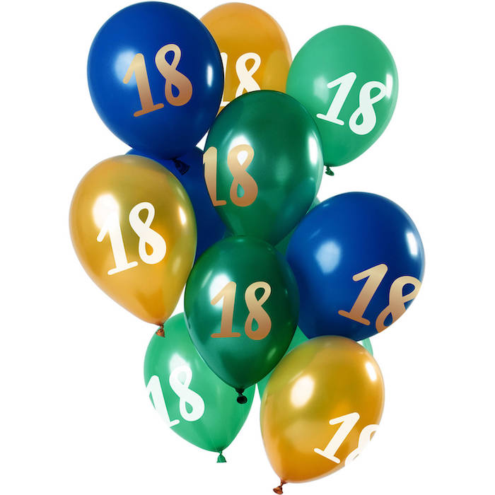 18 Års Balloner Grøn, Blå Og Guld 12x - 33 cm