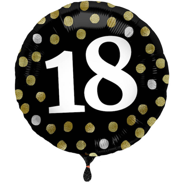 18 års folieballon i sort med prikker  45 cm