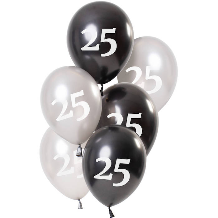 25 Års Balloner Metallic Sort Og Sølv 6x - 23 cm