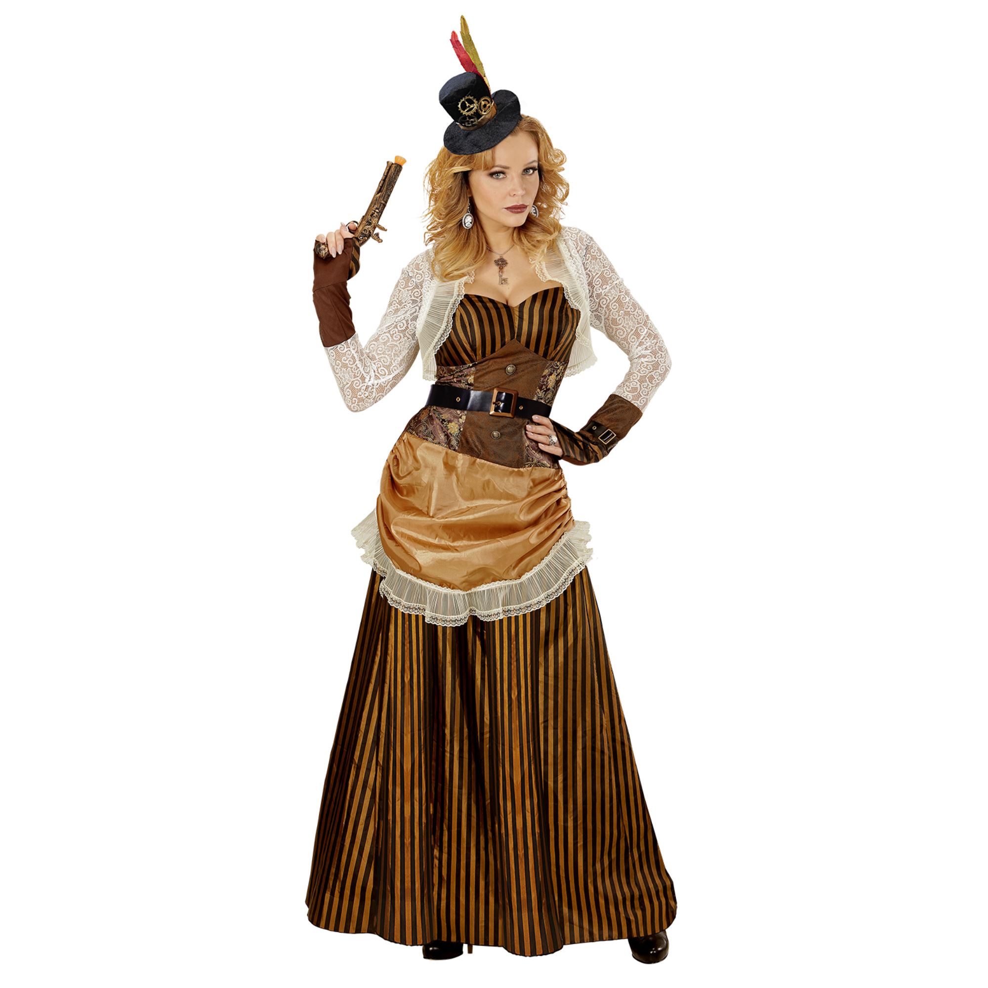 Stribet steampunk kjole i brun og guld