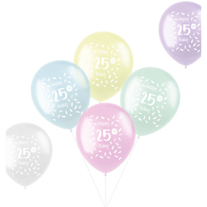 25 Års Balloner Pastelfarvet 6x - 33 cm