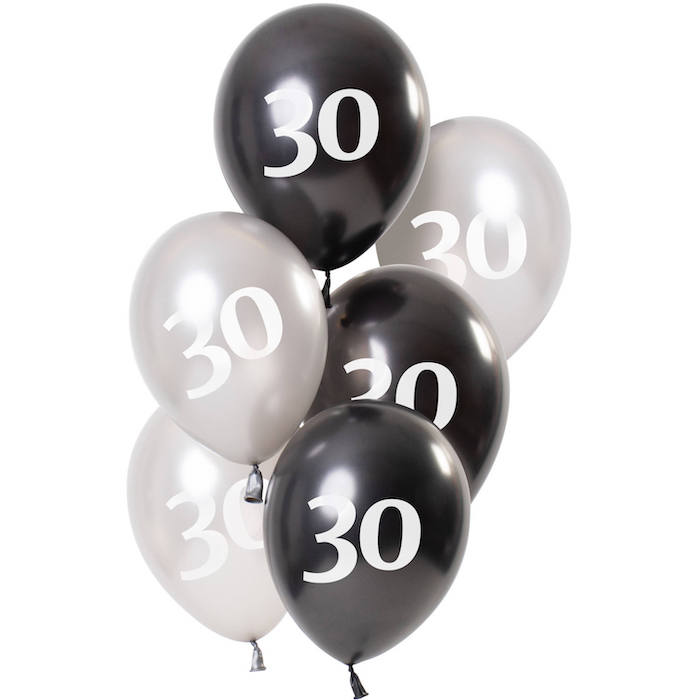 30 Års Balloner Metallic Sort Og Sølv 6x - 23 cm