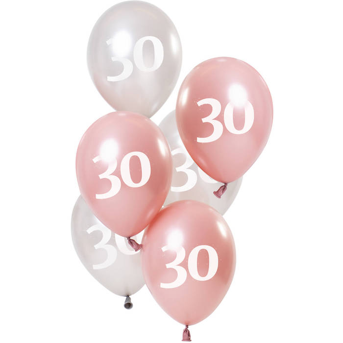 30 Års Balloner Metallic Pink Og Sølv 6x - 23 cm