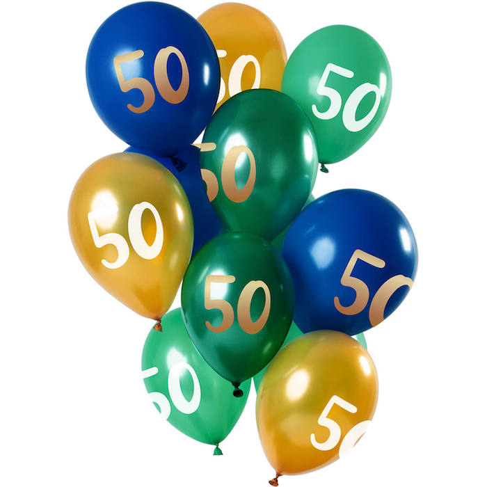 50 Års Balloner Grøn, Blå Og Guld 12x - 33 cm