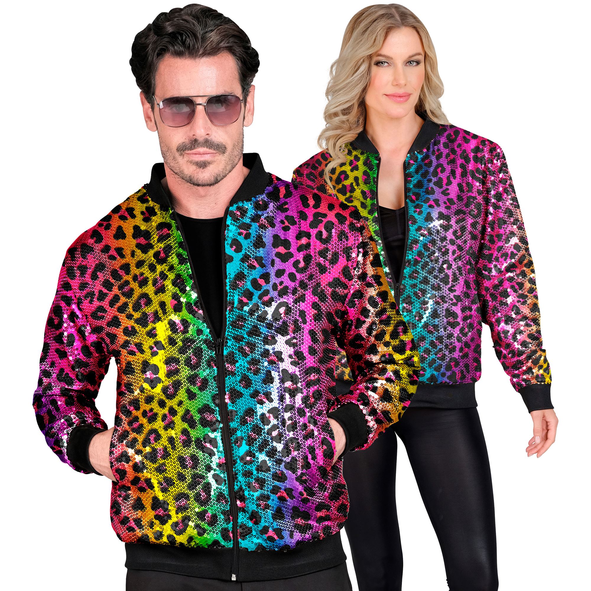 Pailletbomberjakke med leopardprint i regnbue