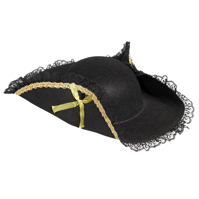 Pirat hat med guldkant, blonder og sløjfer