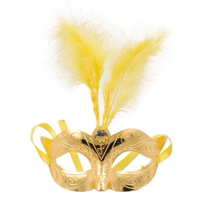 Venetiansk guld maske med fjer - 23x23 cm