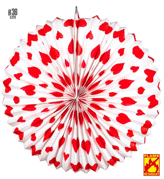 Hvid og rød hjerte rund lanterne - 36 cm