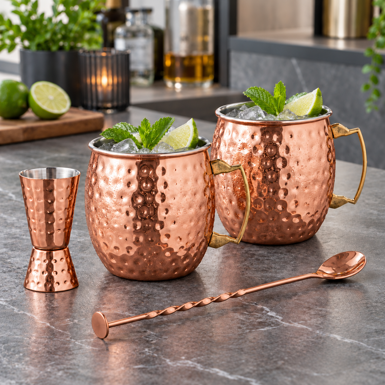 Moscow Mule cocktailsæt med 2 krus, 4 dele, kobberfarvet