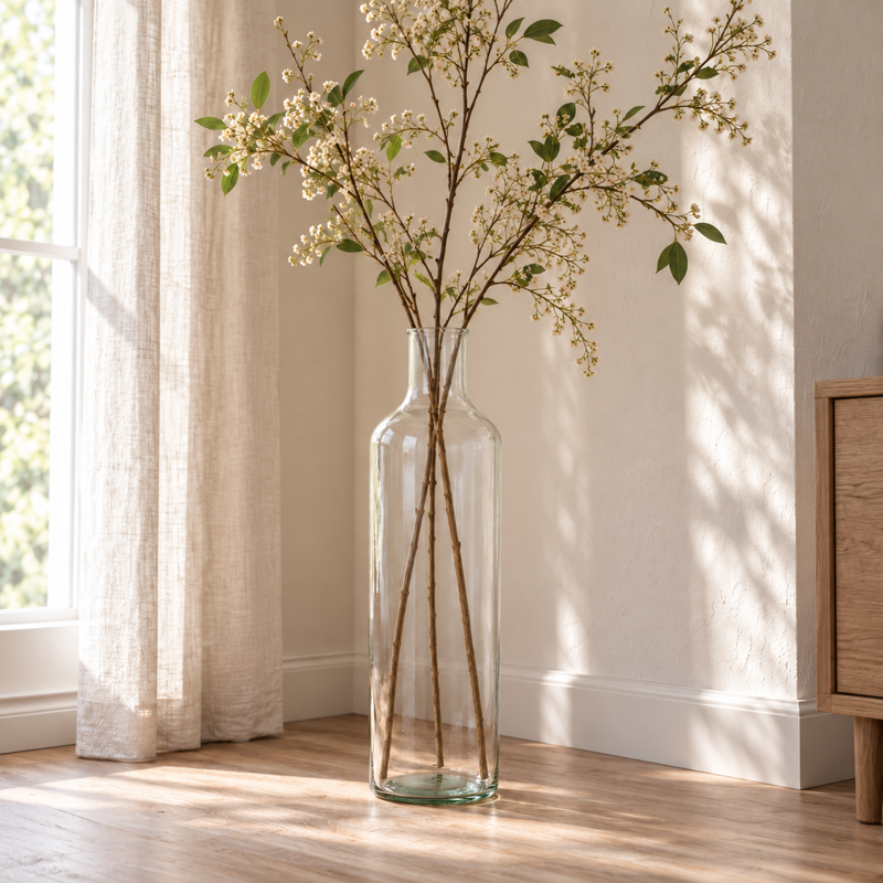 Vase i genanvendt glas med smal hals, ca. Ø 15 x H 53 cm