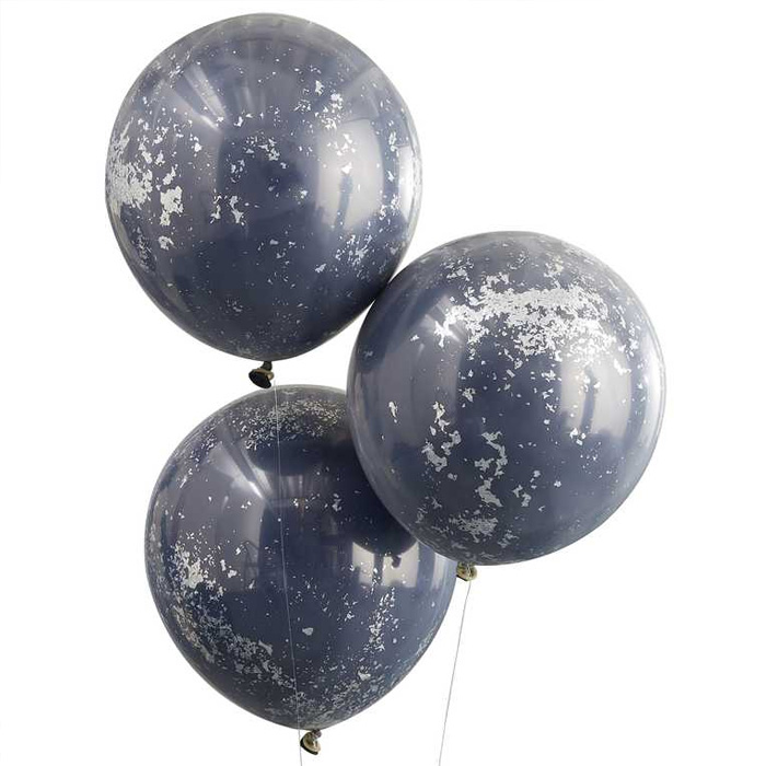 Mørkeblå balloner med Sølv Konfetti 3x - 45 cm