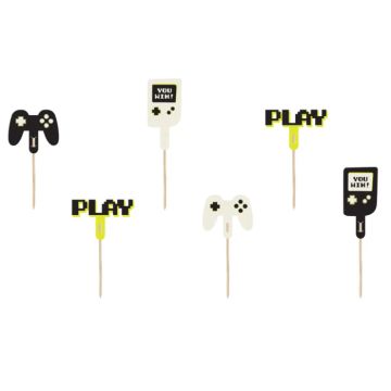 Cupcake dekorationspinde med gamer motiver 6x - 6-10,5 cm