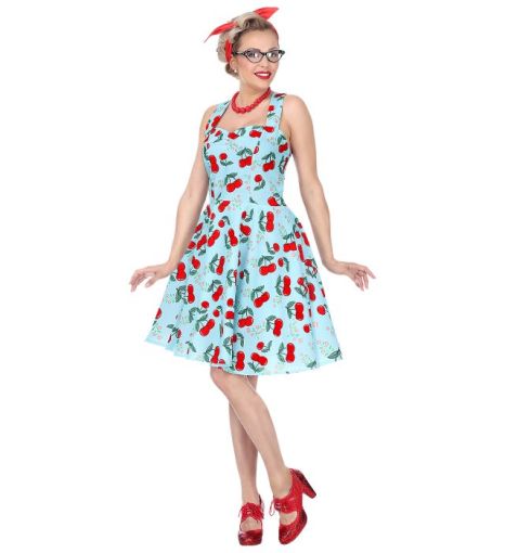 Blå kjole med kirsebær I Bliv klar til din temafest
