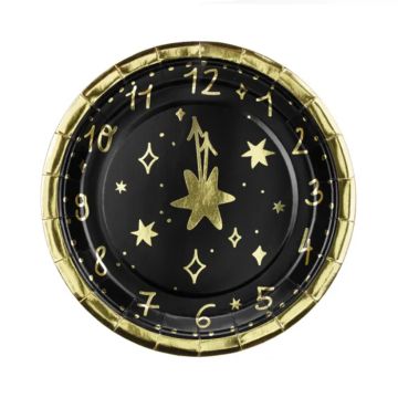 Engangstallerkener nytår klokken 12 sort 6x - 18cm