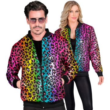 Pailletbomberjakke med leopardprint i regnbue