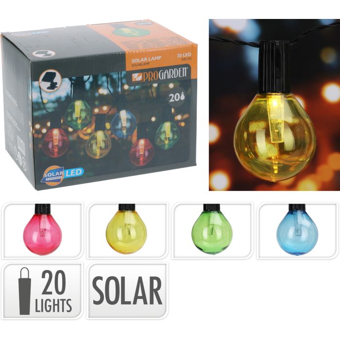 Solcellelyskæde med 20 LED-lys og farvede pærer