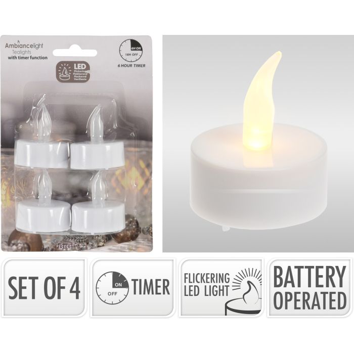 LED-fyrfadslys 4 stk. med timer og flakkende lys