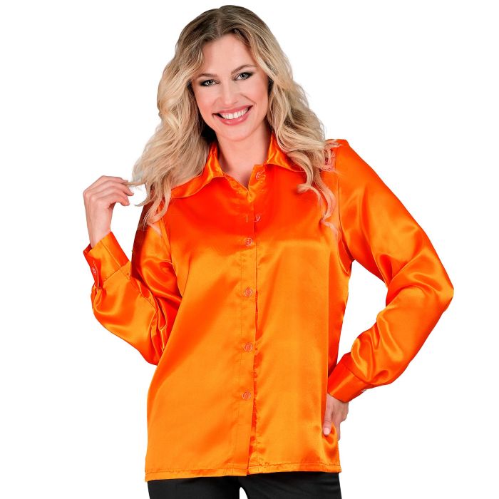 Orange diskoskjorte i satin til dame