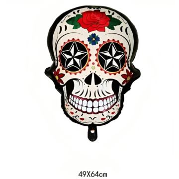 Oppustelig Day of the Dead kranie med rød rose motiv