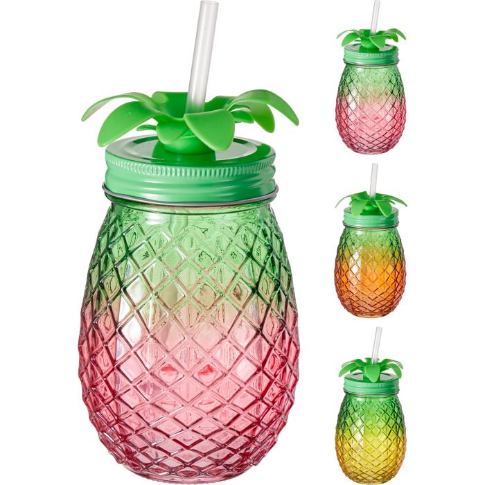 Drikkeglas formet som ananas med låg og sugerør, 400 ml