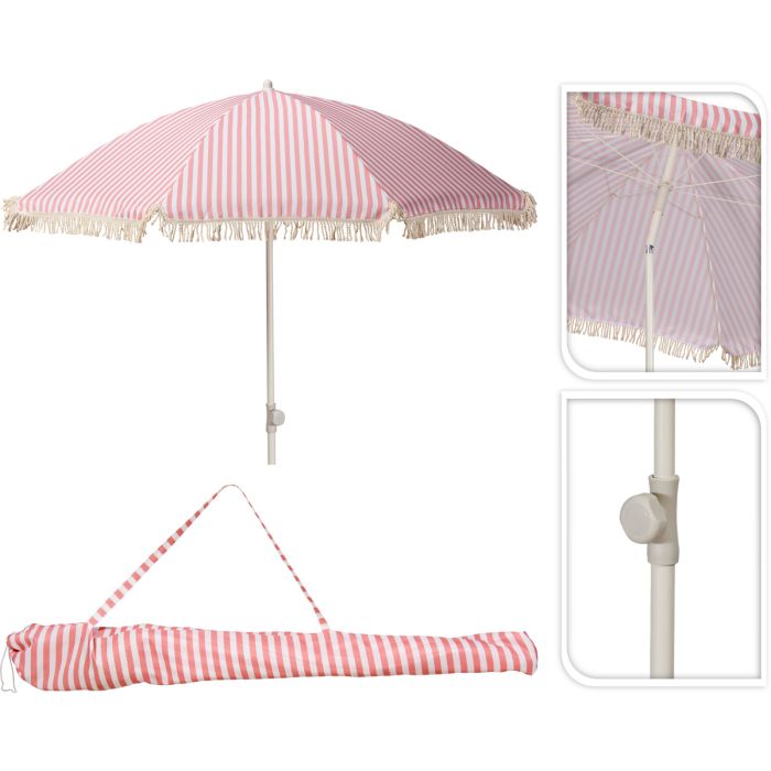 Parasol med frynser, fersken og råhvid stribet, Ø 180 cm