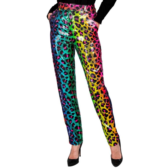 Pailletbukser til dame med leopardprint i regnbue
