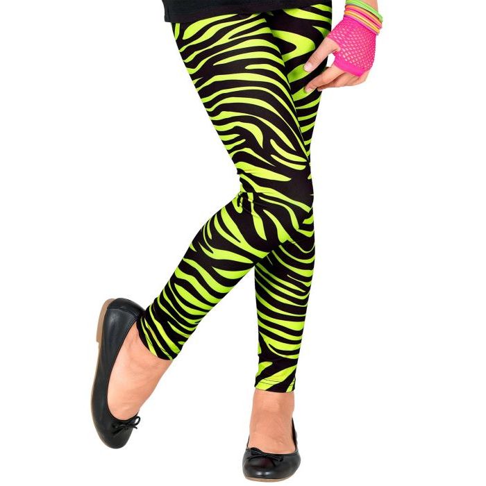 Neon grønne 80'er børneleggings med zebra mønster