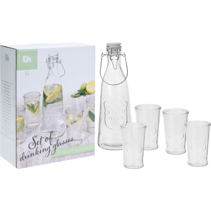 Drikkesæt i glas med flaske og 4 glas, 1 liter