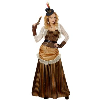 Stribet steampunk kjole i brun og guld