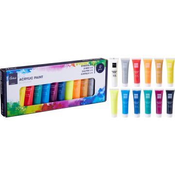 Akrylmaling i 12 farver, 12 tuber à 36 ml