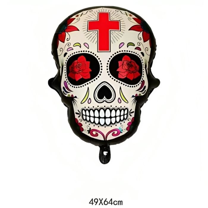 Oppustelig Day of the Dead kranie med rødt kors motiv