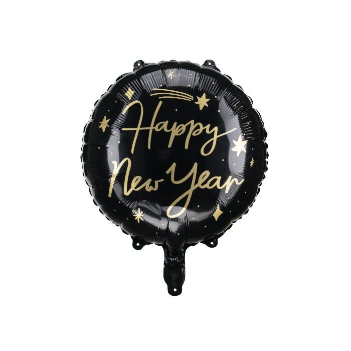 Sort rund nytår folieballon med guld stjerner og skrift - 45 cm