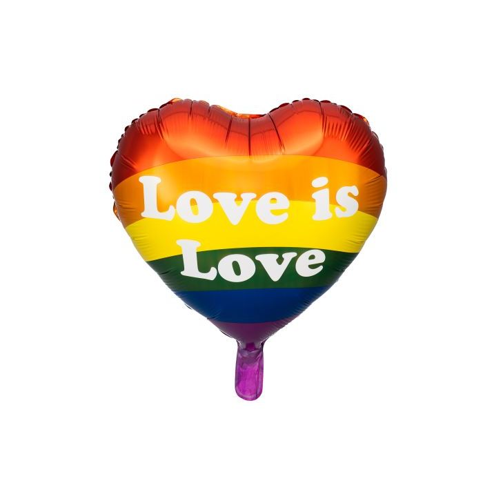 Regnbue farvet pride hjerte folieballon med hvid skrift - 35 cm