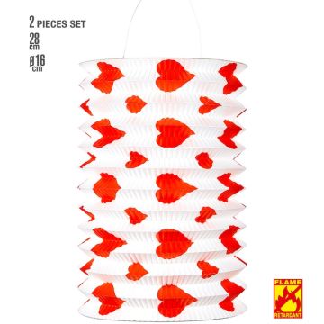 Rød og hvid hjerte lanterne 2x - 16 x 28 cm