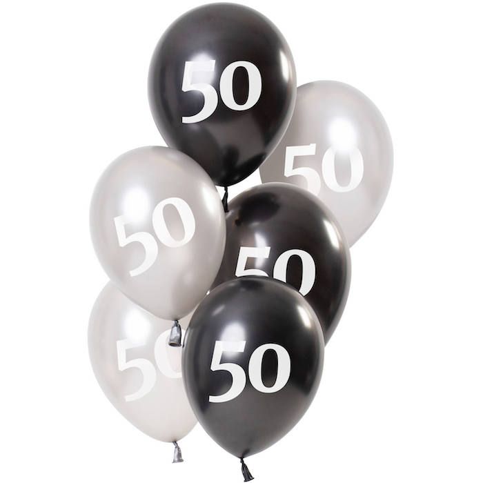 50 års balloner, metallic sort og sølv 6x - 23 cm