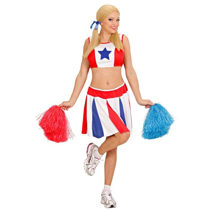 Cheerleader kostume i rød, hvid og blå - 2 dele