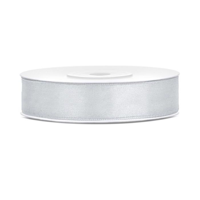 Sølv farvet satinbånd - 12 mm x 25 m