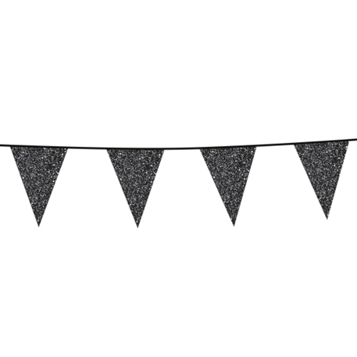 Sort glitter flagguirlande 16x20 cm - 6 meter