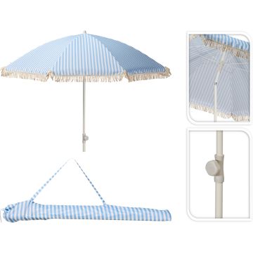 Parasol med frynser, blå og råhvid stribet, Ø 180 cm