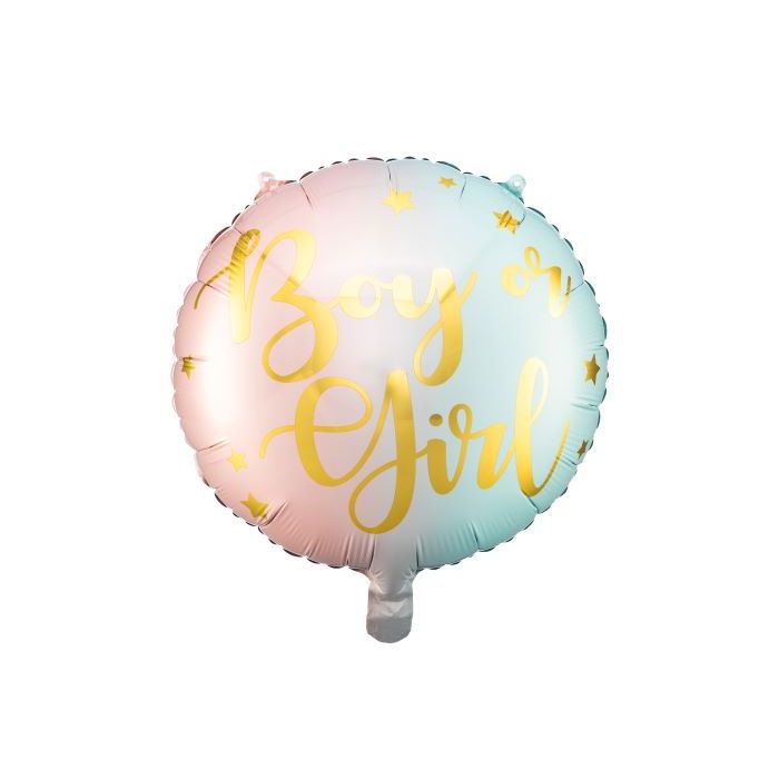 Lyserød og blå pastel farvet gender reveal folieballon med guld skrift - 35 cm