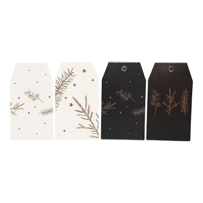 Gavemærker i hvid og sort med guld motiver evergreen 6x Det Gamle Apotek