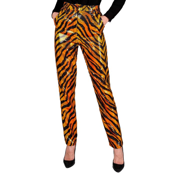 Pailletbukser til dame med tigerprint i orange