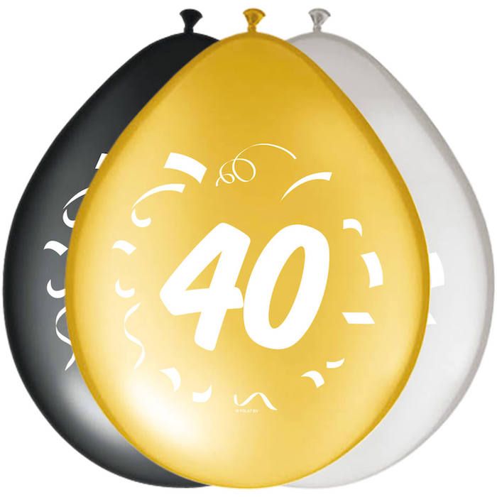 40 års balloner sort, guld og sølv 8x - 30 cm