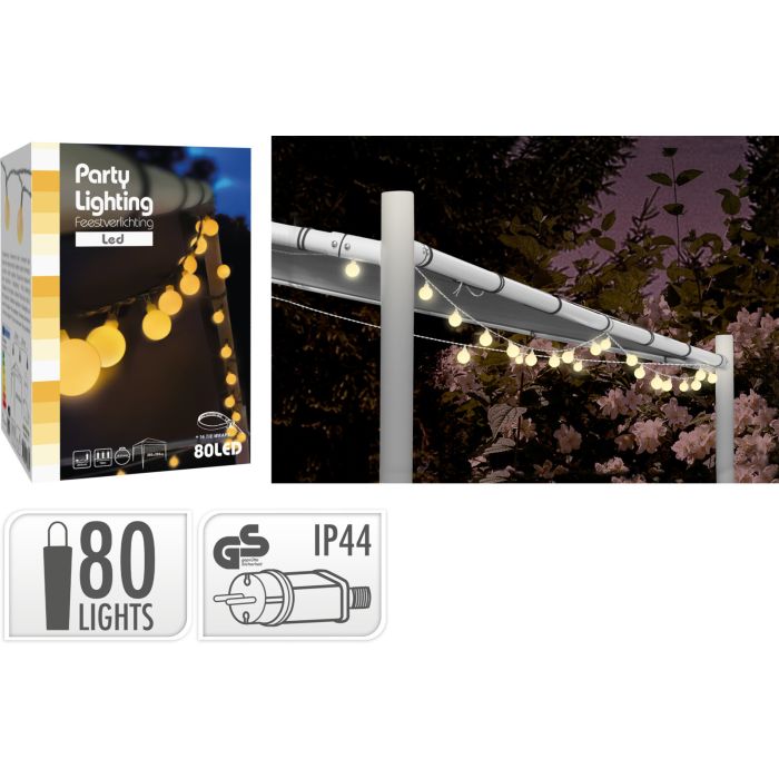 Lyskæde med 80 LED i varm hvid og hvide kugler
