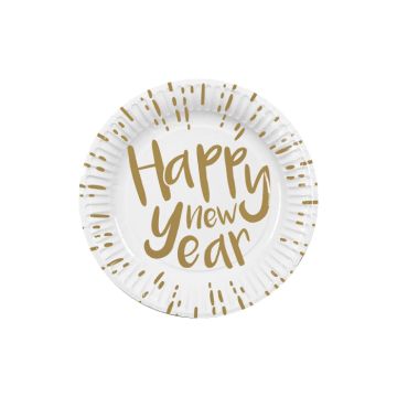 Paptallerkener hvid happy new year 10x - 23 cm