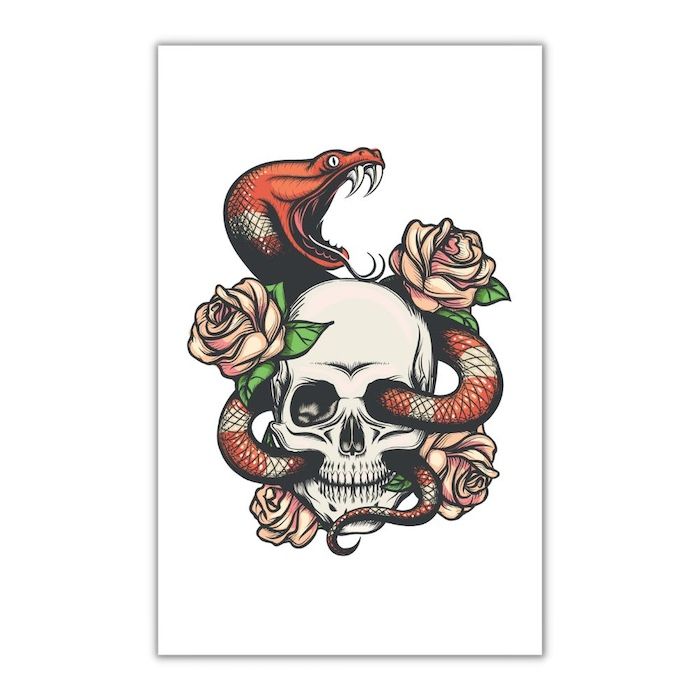  Tatovering dødningehovedmed roser og slange 10.5x20 cm 